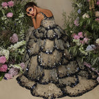Tiered Ruffle Ball Gown | Sequin Lace Trim | Black Champagne