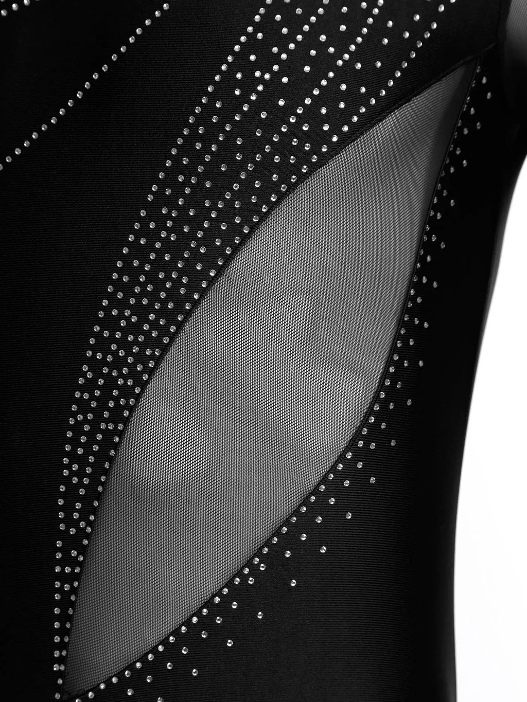 Men's Rhinestone Leotard | Mock Neck & Diagonal Sheer Mesh Panel | Long Sleeve