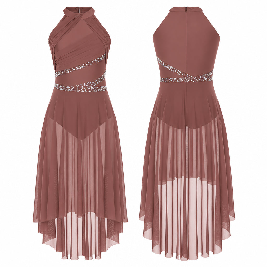 Lyrical Dance Dress | Rhinestone Asymmetric Mesh