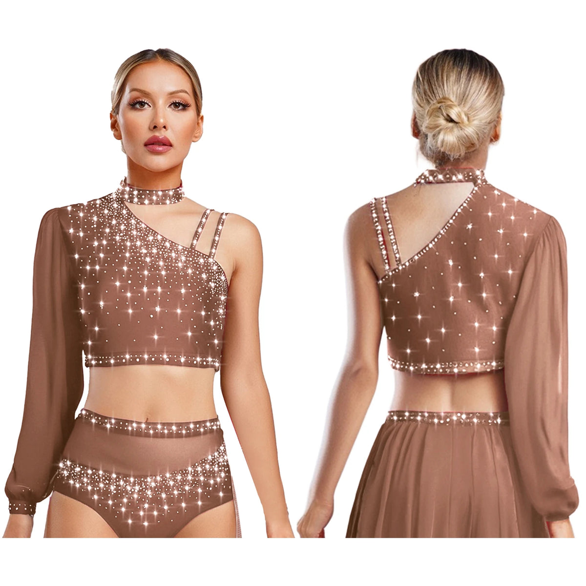 Rhinestone Asymmetric Dance Crop Top | One Mesh Sleeve | Latin Salsa Samba