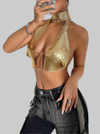 Metal Sequin Scarf Crop Top - Deep V-Neck Backless Camisole