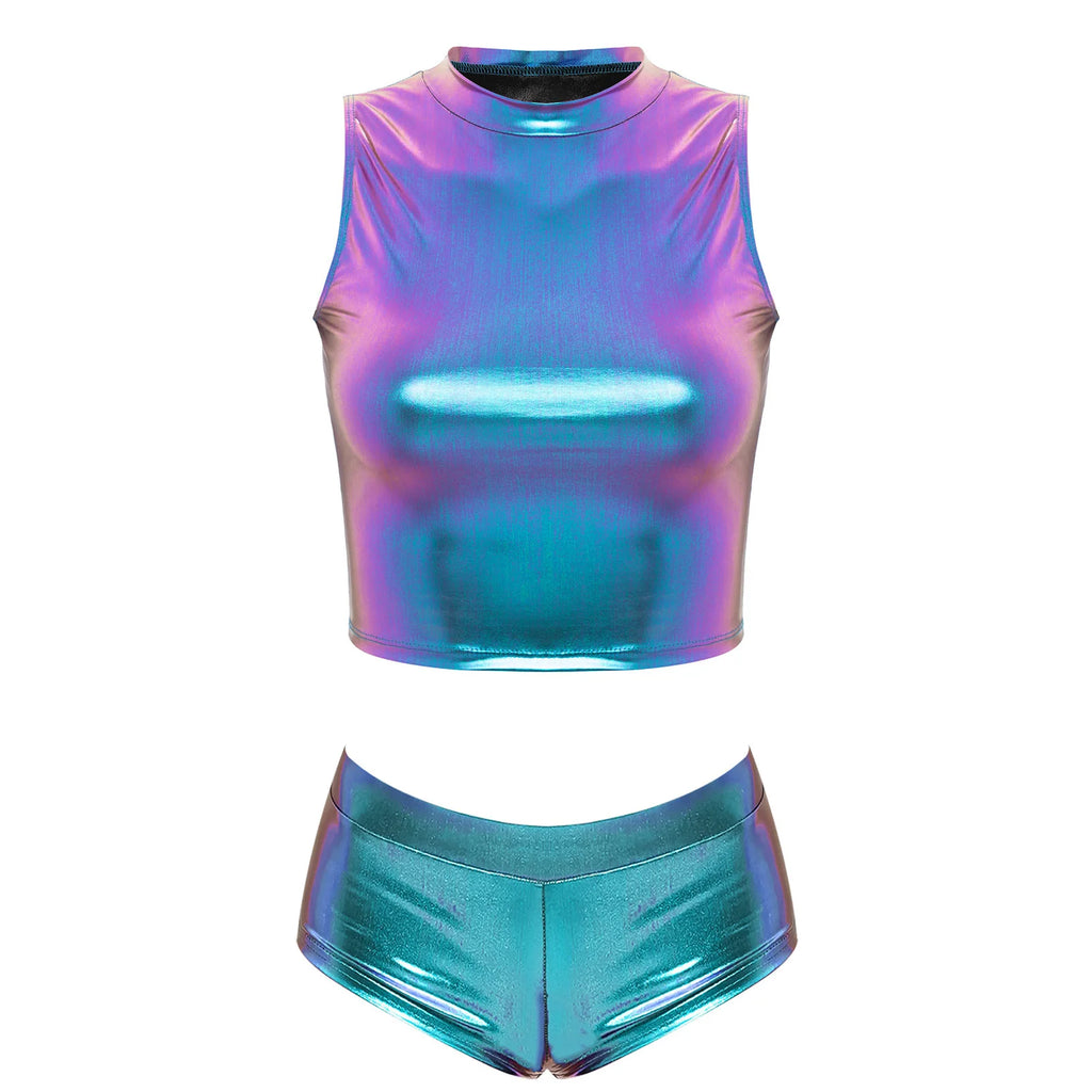 Metallic Crop Top & Shorts Set | Rave Festival Two-Piece
