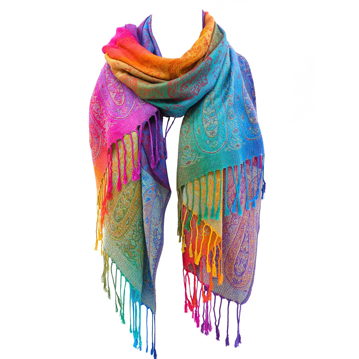 Rainbow Paisley Fringe Shawl | Boho Wrap | Stage & Festival