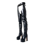 Rhinestone & Tassel Over-the-Knee Platform Boots | 15cm Block Heel | Black