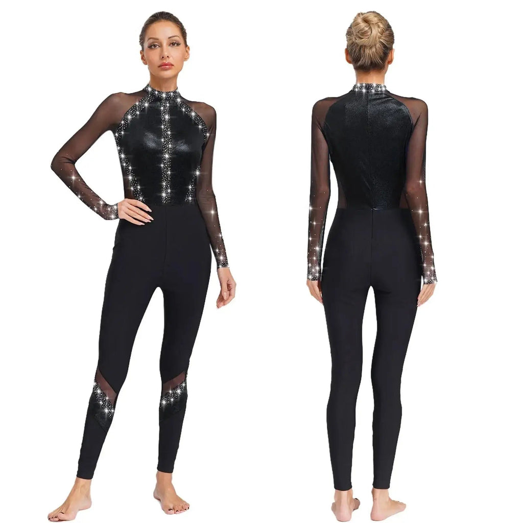 Women's Rhinestone Color-Block Dance Jumpsuit | Sheer Mesh Long Sleeve & Ankle Length | Gymnastics & Performance