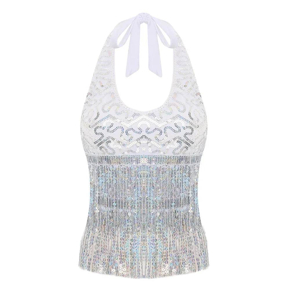 Sequin Fringe Halter Belly Dance Top | Built-In Pads | Festival & Stage | One Size