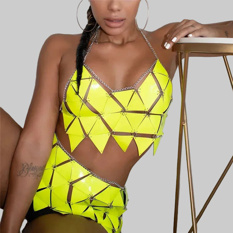 PU Leather Geometry 2-Piece Set - Backless Top & Mini Skirt Rave Outfit