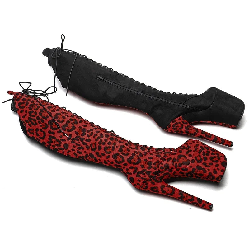 8-Inch Leopard Print Platform Boots - Thigh-High Suede Dance Boots