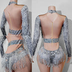Stage Bodysuit | Long-Sleeve Rhinestone Fringe