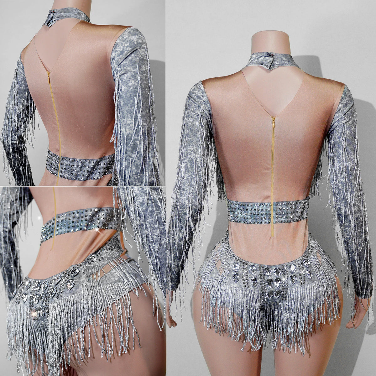 Stage Bodysuit | Long-Sleeve Rhinestone Fringe