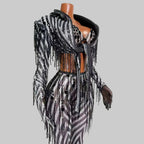 Black & White Stripes Tassel Flared Pants Coat – 2 Piece Stage Outfit