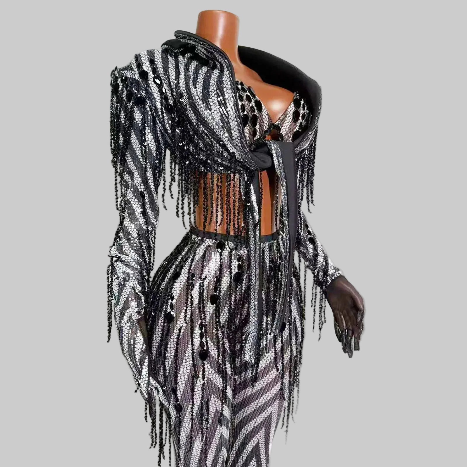 Black & White Stripes Tassel Flared Pants Coat – 2 Piece Stage Outfit