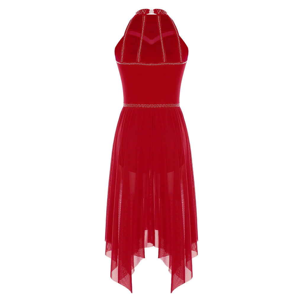 Women's Rhinestone Halter Lyrical Dance Dress | Irregular Mesh Ruffle Hem | Competition & Performance