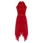 Women's Rhinestone Halter Lyrical Dance Dress | Irregular Mesh Ruffle Hem | Competition & Performance