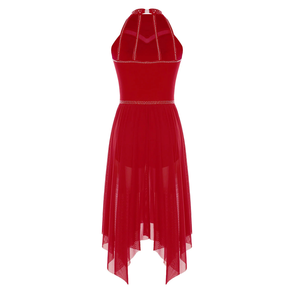 Women's Rhinestone Halter Lyrical Dance Dress | Irregular Mesh Ruffle Hem | Competition & Performance