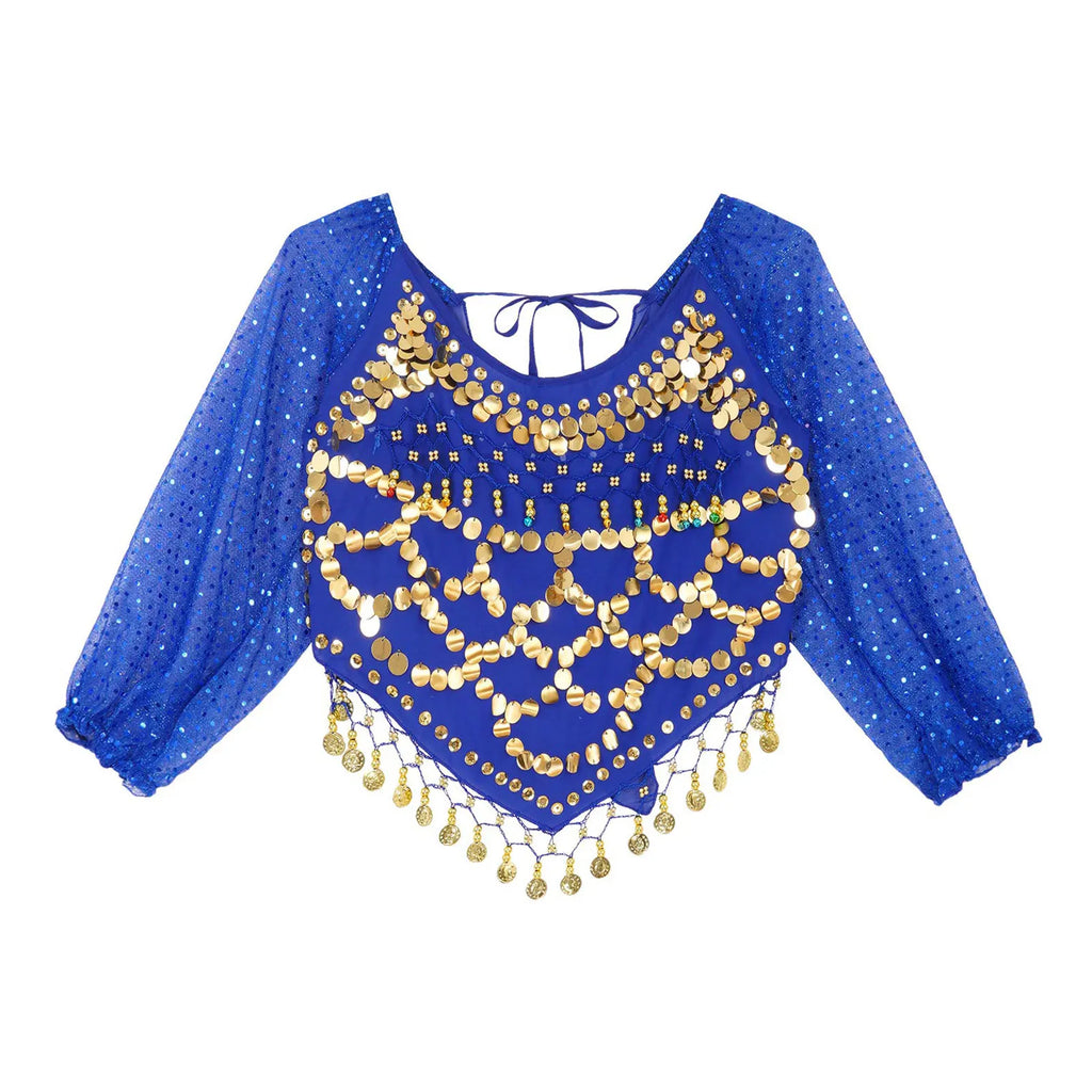 Sequined Belly Dance Crop Top | Coin & Bell Trim | Lace-Up Back