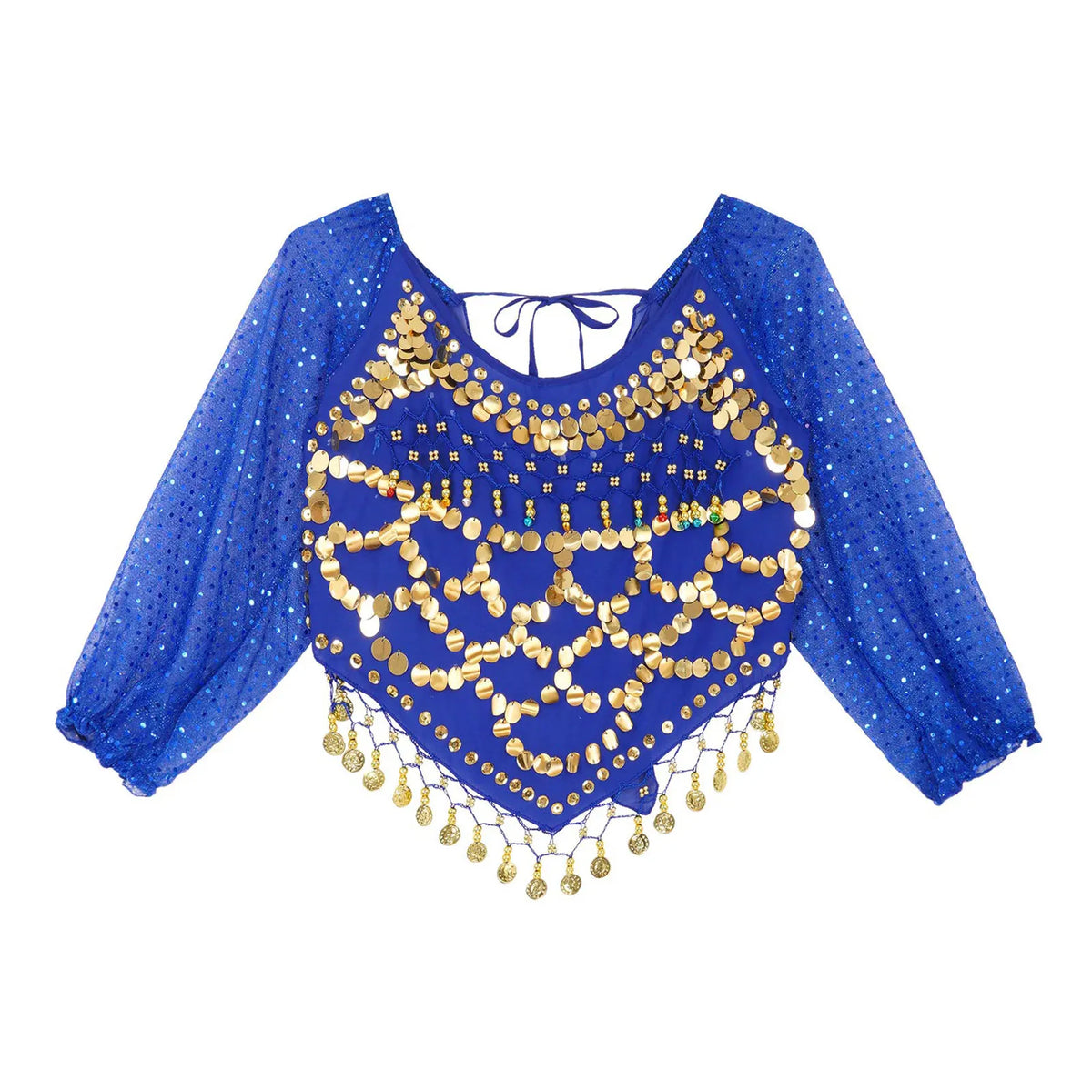 Sequined Belly Dance Crop Top | Coin & Bell Trim | Lace-Up Back