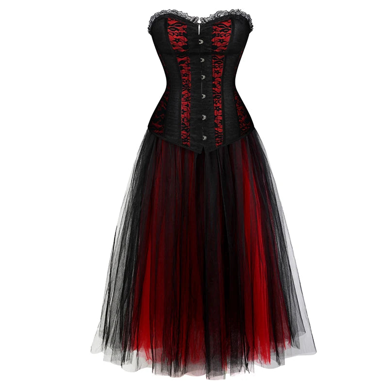 Gothic Floral Corset Dress Set | Red & Black | Lace Skirt | Plus Size