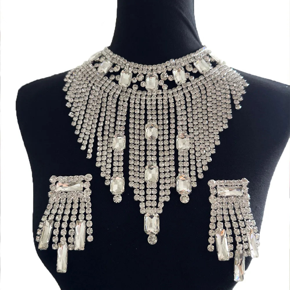 Rhinestone Tassel Necklace & Earring Set | 3-Piece