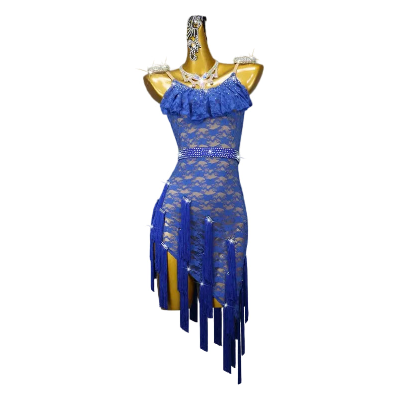 Blue Lace Tassel Latin Dance Dress with Accessories Set