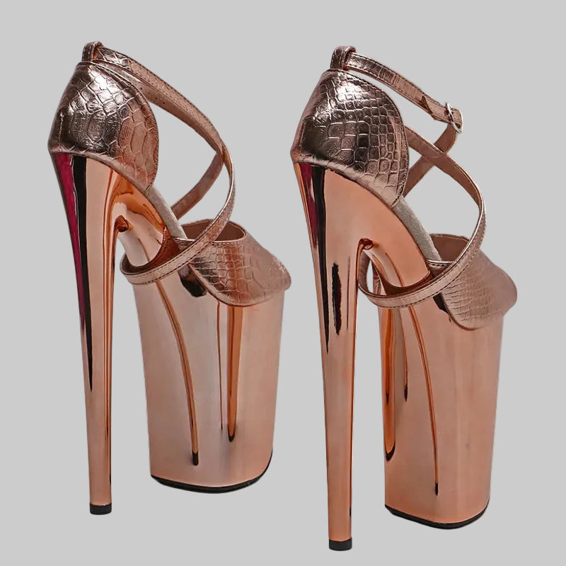 23CM Shiny Snake Print Platform Sandals - 9 Inch High Heel Pole Dance Shoes