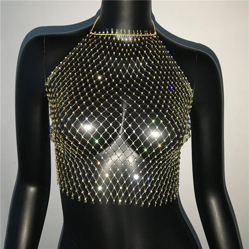 Rhinestone Fishnet Halter Crop Top - Backless Sheer