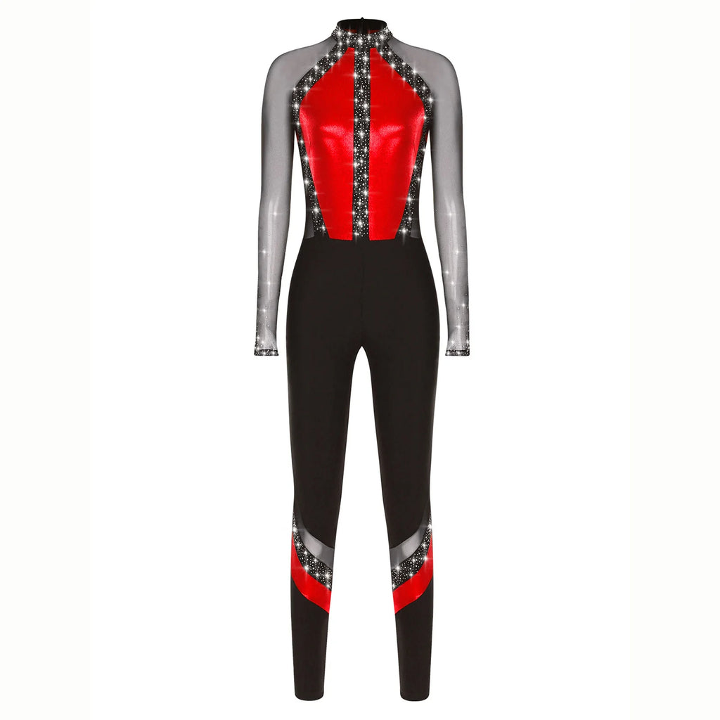 Women's Rhinestone Color-Block Dance Jumpsuit | Sheer Mesh Long Sleeve & Ankle Length | Gymnastics & Performance