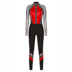 Women's Rhinestone Color-Block Dance Jumpsuit | Sheer Mesh Long Sleeve & Ankle Length | Gymnastics & Performance