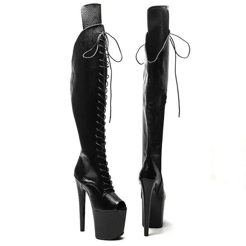 Snake Print Open-Toe Thigh-High Platform Boot – 8 Inch Stage & Pole Dance