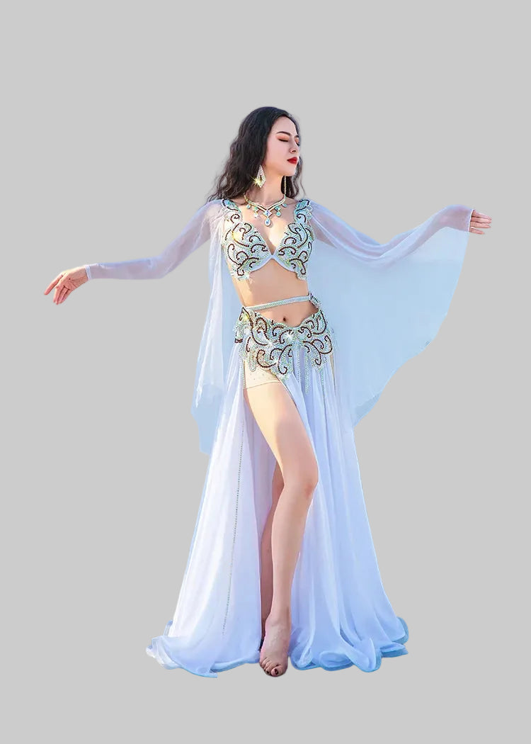 Egyptian Belly Dance Costume Set - Rhinestone Beaded Bra, Skirt & Sleeves