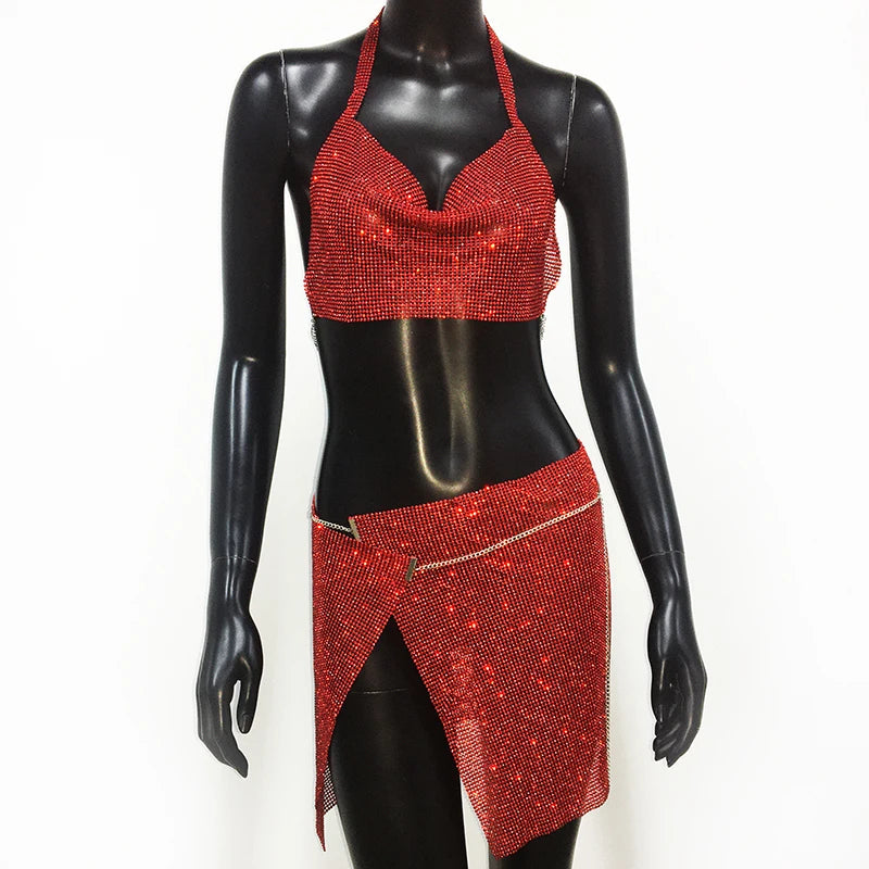 Rhinestone 2-Piece Set - Backless Crop Top & Split Mini Skirt