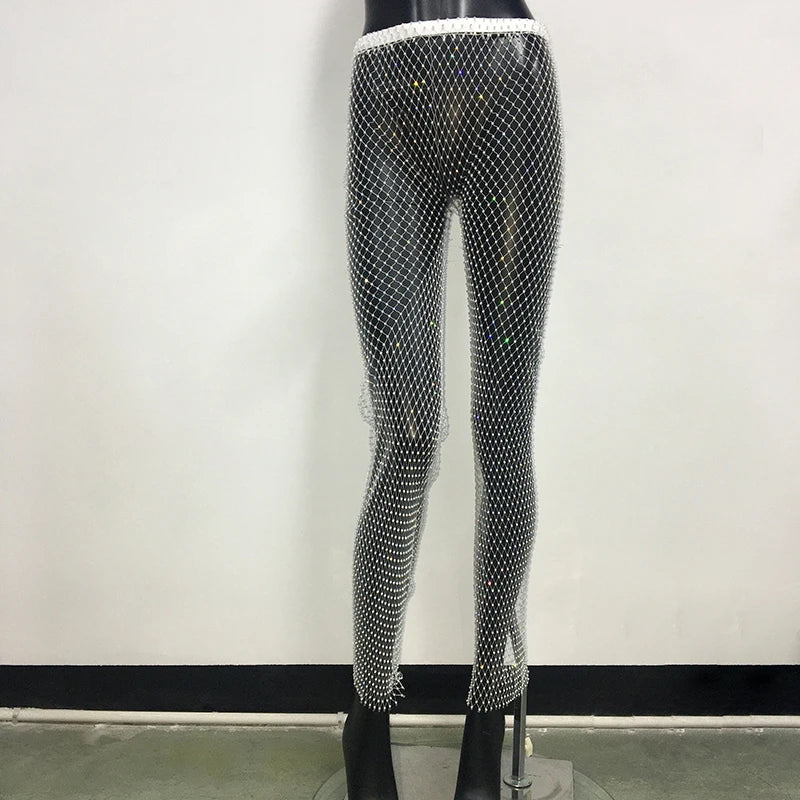 Rhinestone Fishnet Wide Leg Pants - Sheer Mesh Trousers
