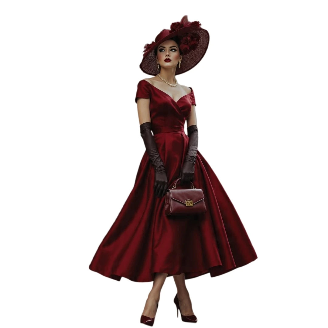 Burgundy Satin Swing Dress | Deep V | Tea Length