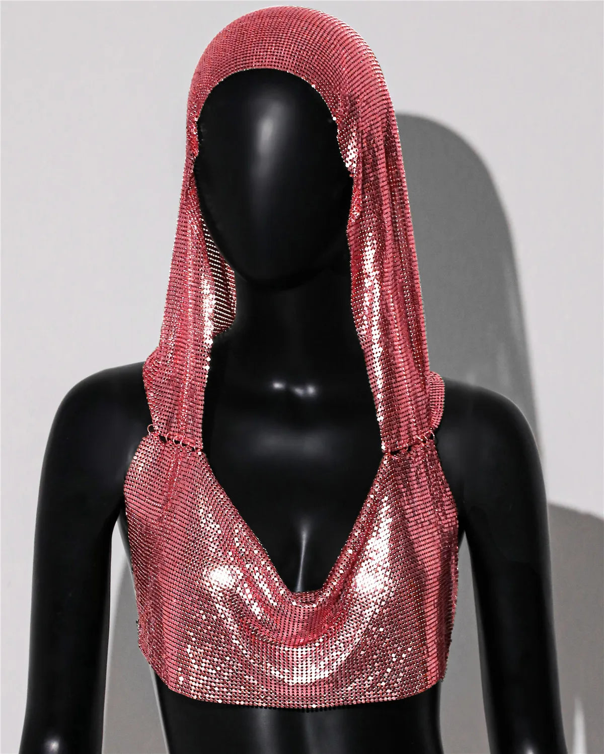 Hooded Sequin Crop Top with Deep V-Neck