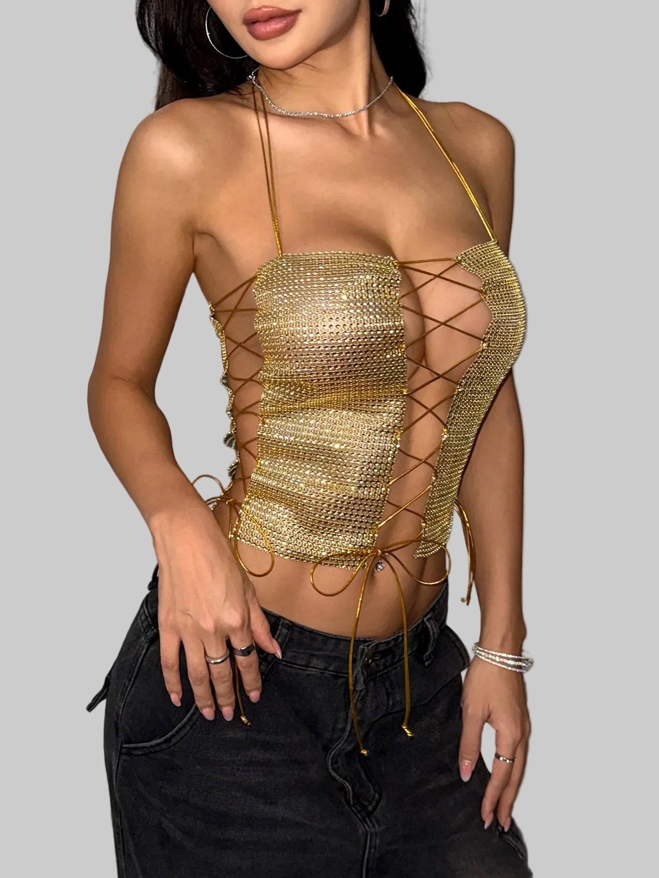 Sequin Halter Crop Top - Backless Metal Bandage Camisole