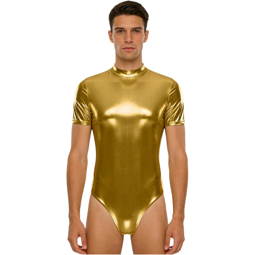 Men's Metallic Dance Bodysuit | Short Sleeve Mock Neck | Back Zipper | Stage Performance