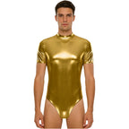 Men's Metallic Dance Bodysuit | Short Sleeve Mock Neck | Back Zipper | Stage Performance