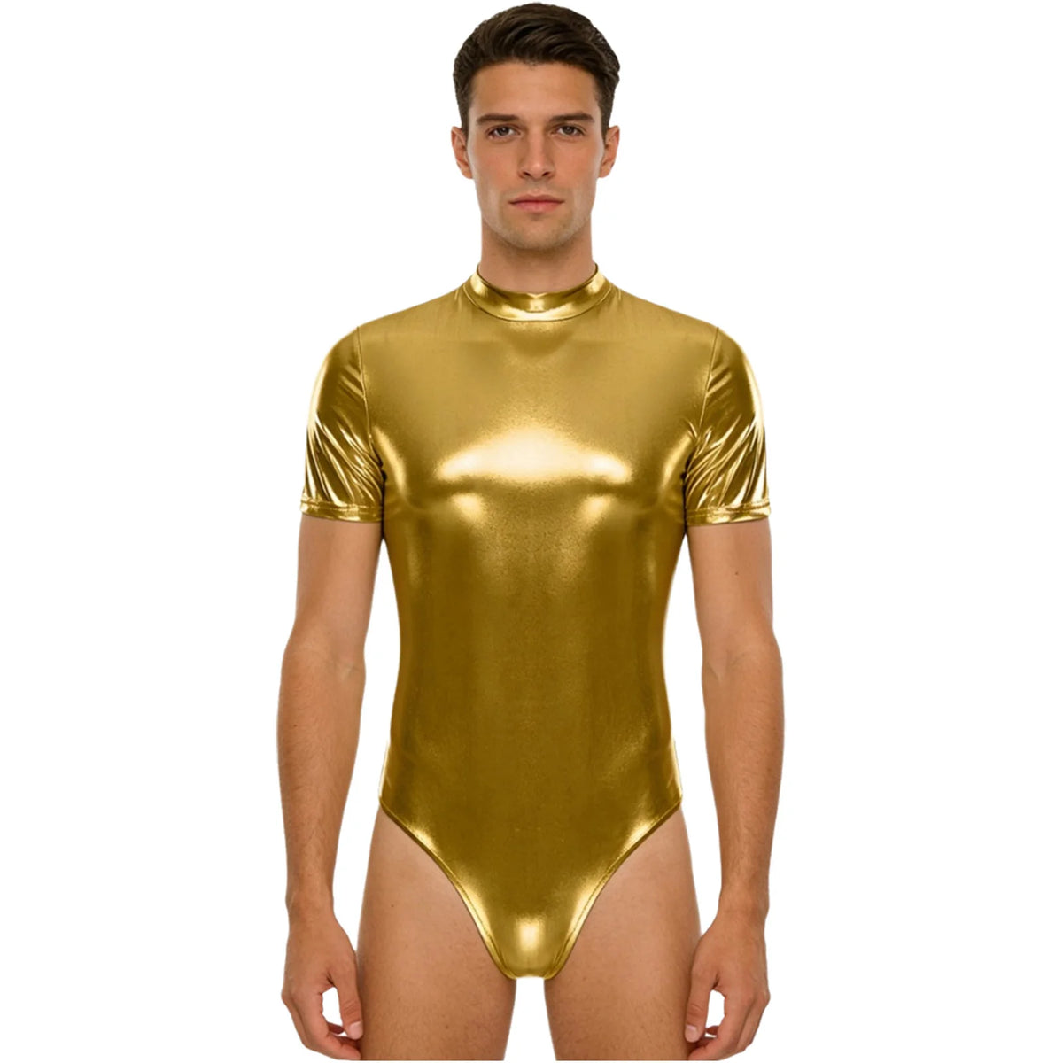 Men's Metallic Dance Bodysuit | Short Sleeve Mock Neck | Back Zipper | Stage Performance