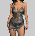 Rhinestone Fishnet Mesh Mini Dress - Deep V-Neck Side Split Party Dress