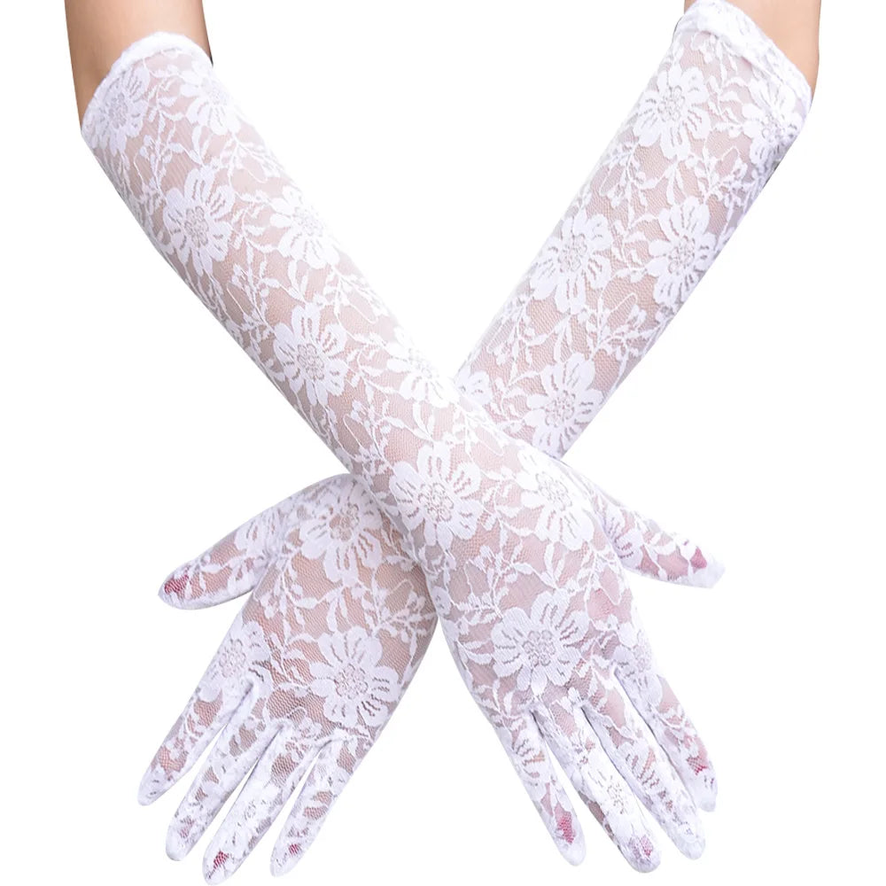 Sheer Lace Elbow Gloves | Floral | Black & White