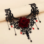 Gothic Rose Lace Choker | Red Crystal Drops | Black