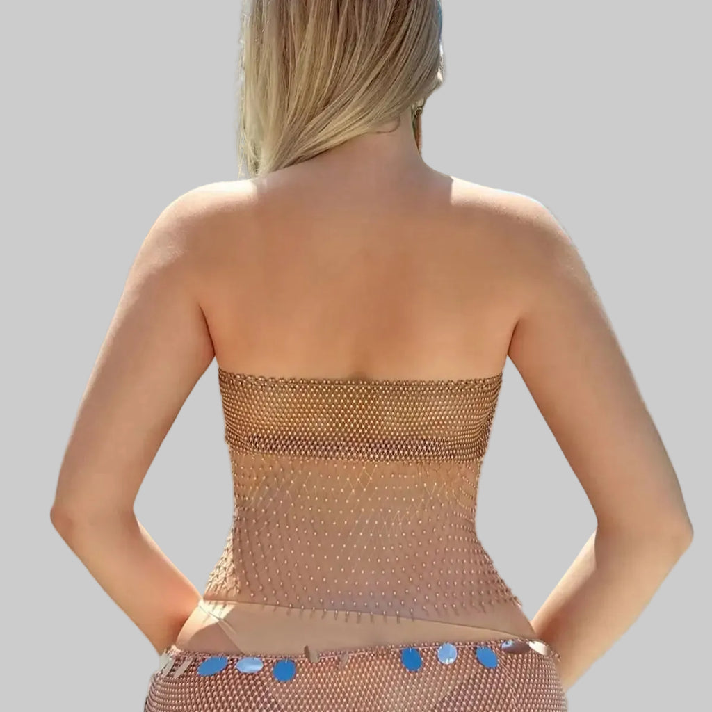 Rhinestone Sequin Mesh Tube Top with Tassels - Sheer Backless Tank