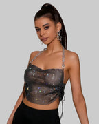 Rhinestone Halter Crop Top - Backless Sheer Hollow-Out Camisole