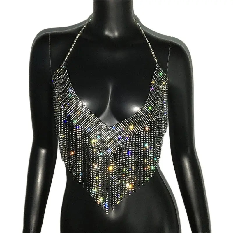 Rhinestone Tassel Halter Crop Top - Backless Sequin Party Top