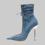 Mesh Lace-Up Knee-High Boots - Pointed Toe Stiletto Heels for Stage & Performance