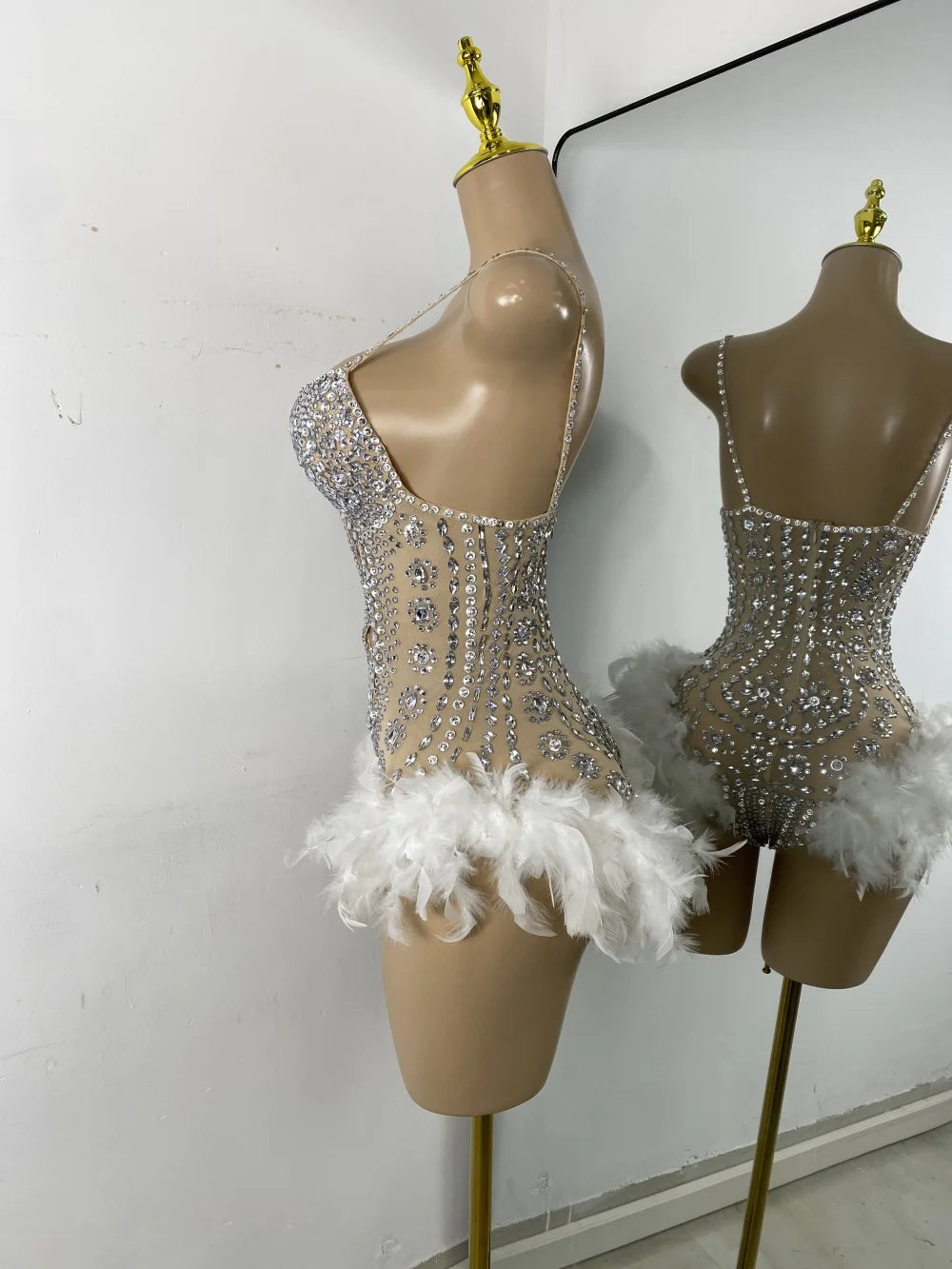 Rhinestone Bodysuit | Feather-Trimmed Hips