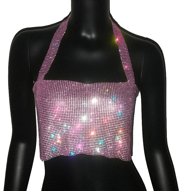 Crystal Rhinestone Metal Chain Halter Crop Top - Backless Tank