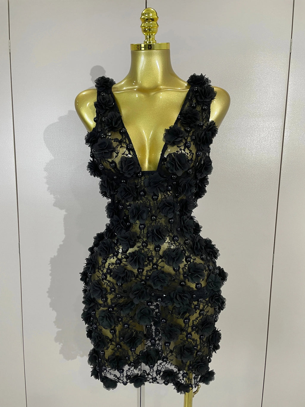 Pearl Flower Mesh Mini Dress | 3D Appliqué | V-Neck | Stage & Club