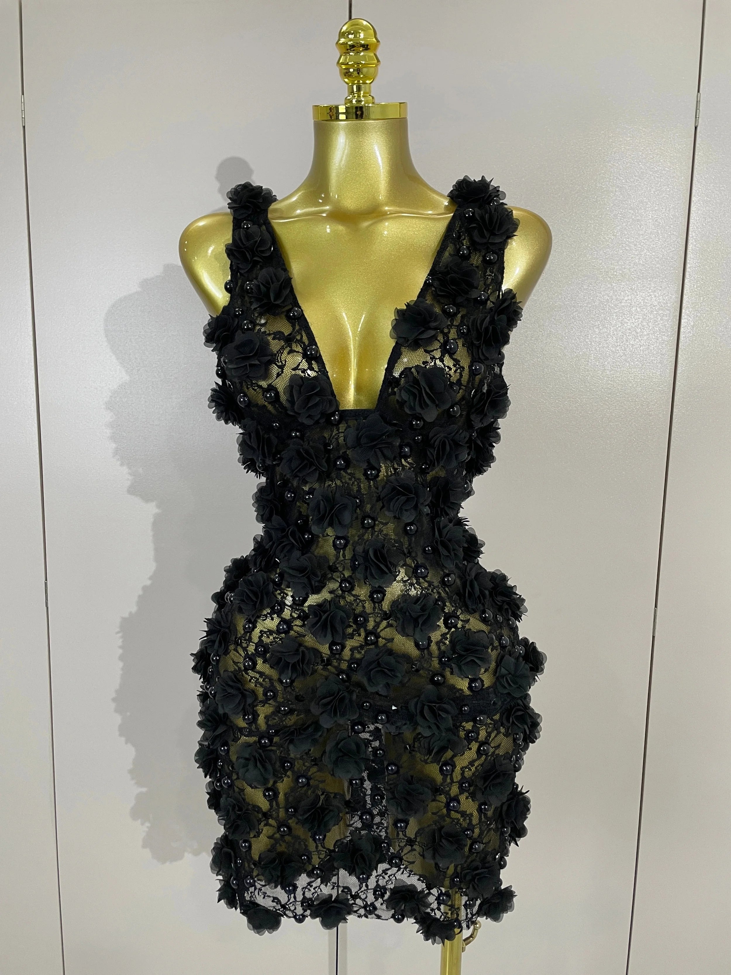 Pearl Flower Mesh Mini Dress | 3D Appliqué | V-Neck | Stage & Club