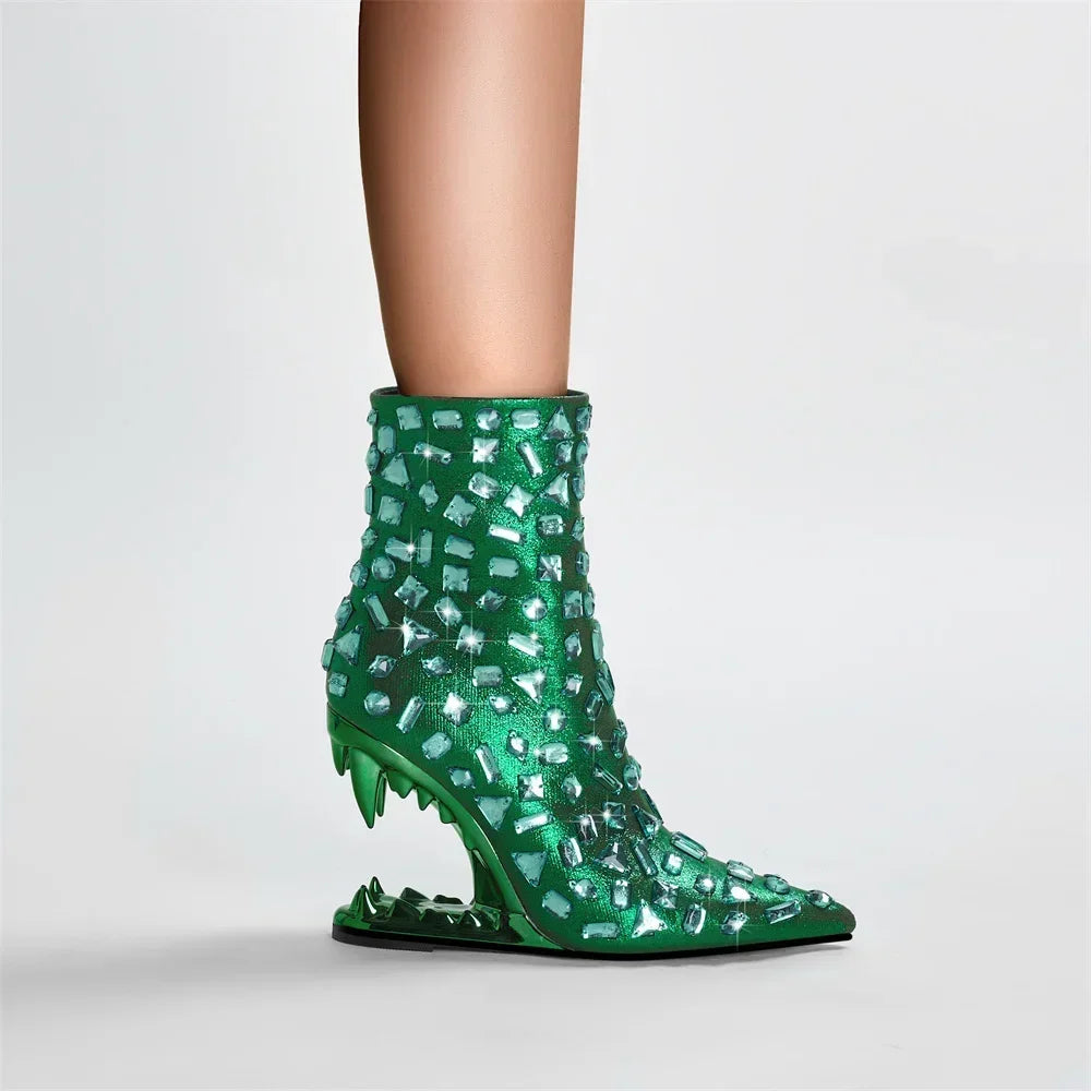Flame Rhinestone Velvet Ankle Boots - Crystal Wedge Heel Boots